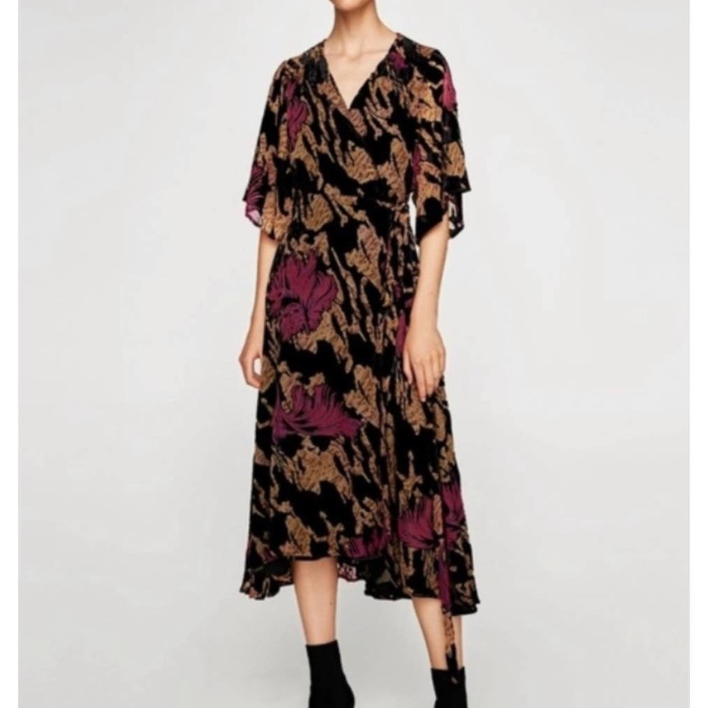 Zara Devor Burnout Velvet Floral midi wrap dress